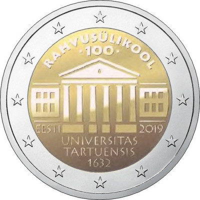 Монета 2 евро 2019 год. Эстония.100-летие перевода обучения на эстонский язык Тартуского университет.